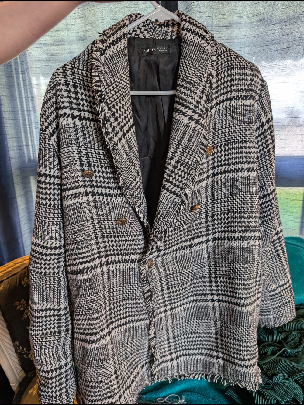 SHEIN Black & White Plaid Fringed Double-Breasted Blazer